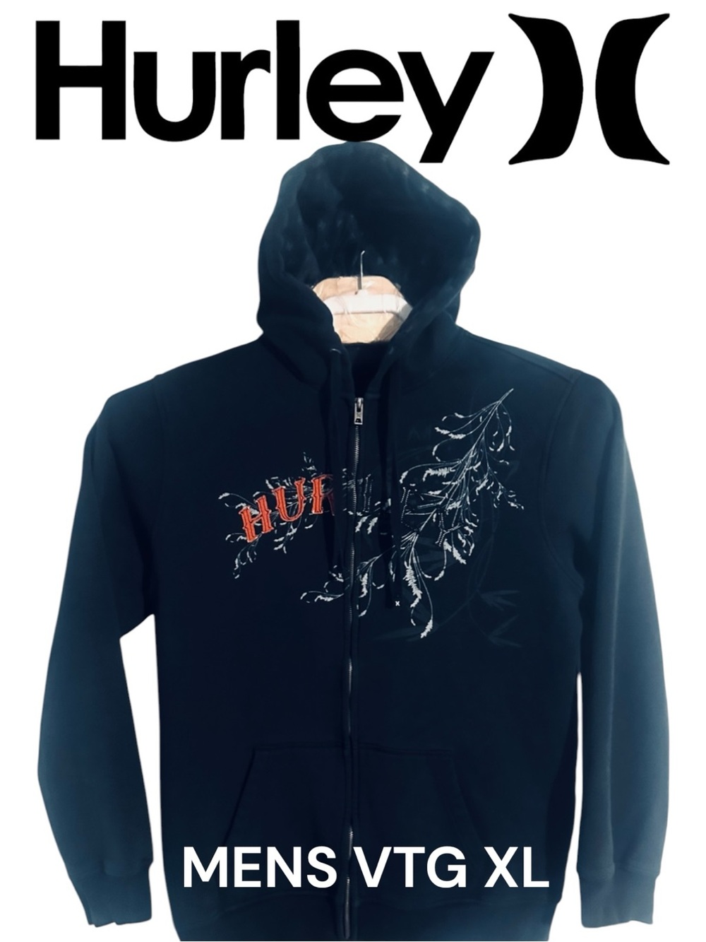 Rare Vintage Early 2000s Hurley
Full-Zip Graphic Hoodie. Black Red Embroidered